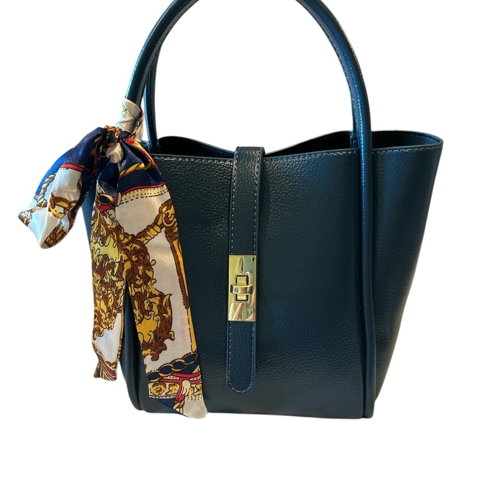 Elegant Navy Blue Handbag with Scarf Accent